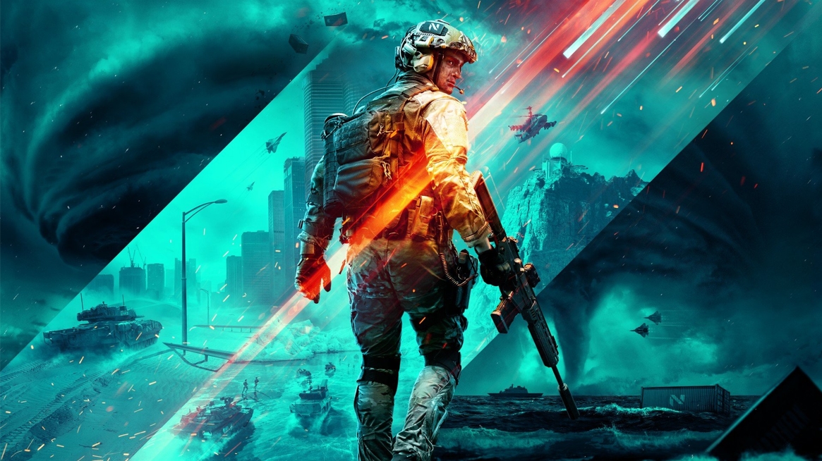 Grafika z gry Battlefield 2042 pokazująca żołnierza stojącego plecami na tle katastrofy klimatycznej