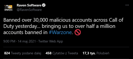 Screen z twitta twórców COD Warzone o ostatnich banach